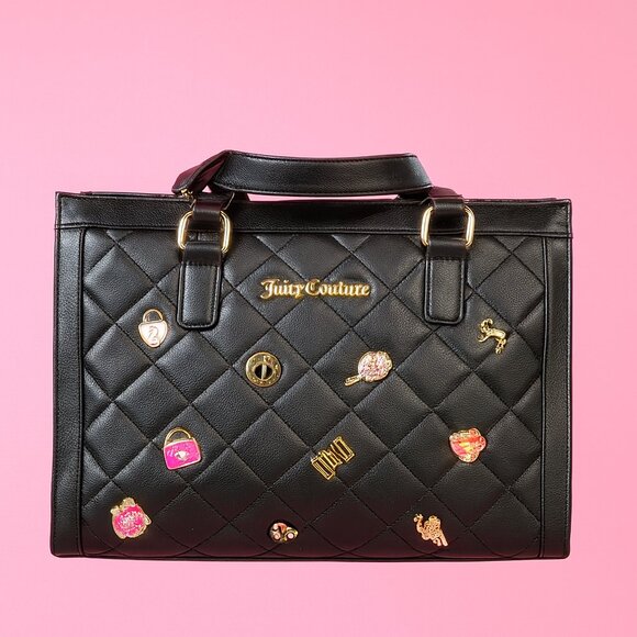 Juicy Couture Black Quilted Charm Tote Bag NWT Gold Hardware Handbag Purse - Picture 1 of 7